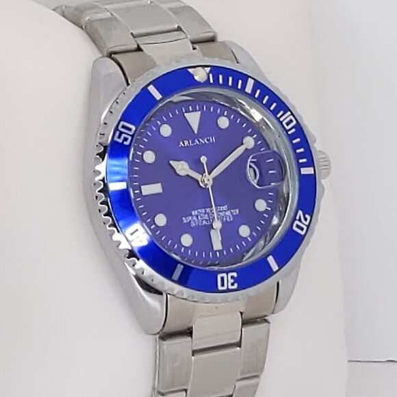 Men's Diver Style Watch Blue Uni-directional Bezel Stainless Bracelet 40mm - Picture 12 of 14
